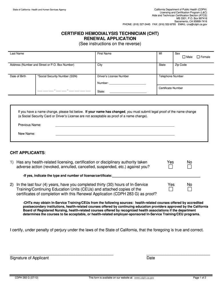 Get and Sign Hemodialysis Technician Renewal Form in Ca 2012-2022
