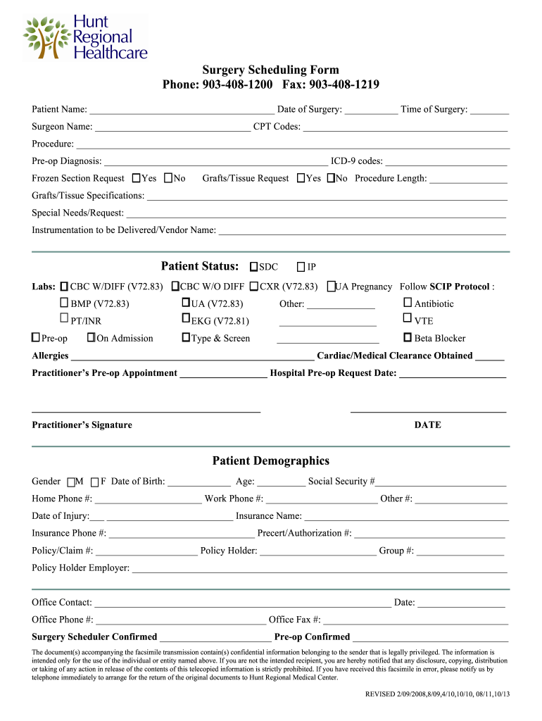  Surgery Scheduling Form 2013