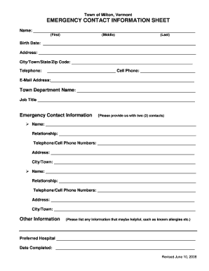 HRC Employee Emergency Information Form DOC Miltonvt
