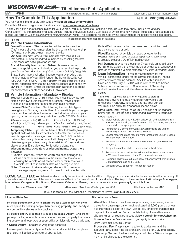  Wisconsin Dmv Form Mv1 2019