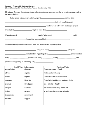 Summary Sentence Starters PDF  Form