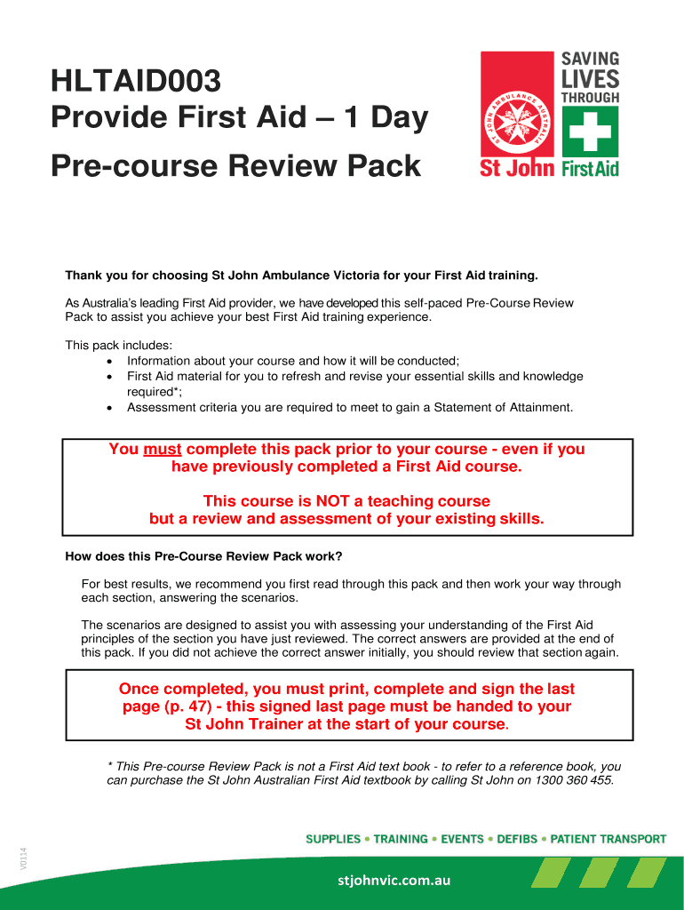 HLTAID003 Provide First Aid 1 Day Pre Course Review Pack  Form