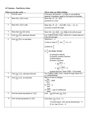 AP Calculus Final Review Sheet  Form