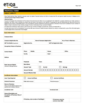 ETB EN Proposal Form Public Liability Etiqa Insurance &amp; Takaful