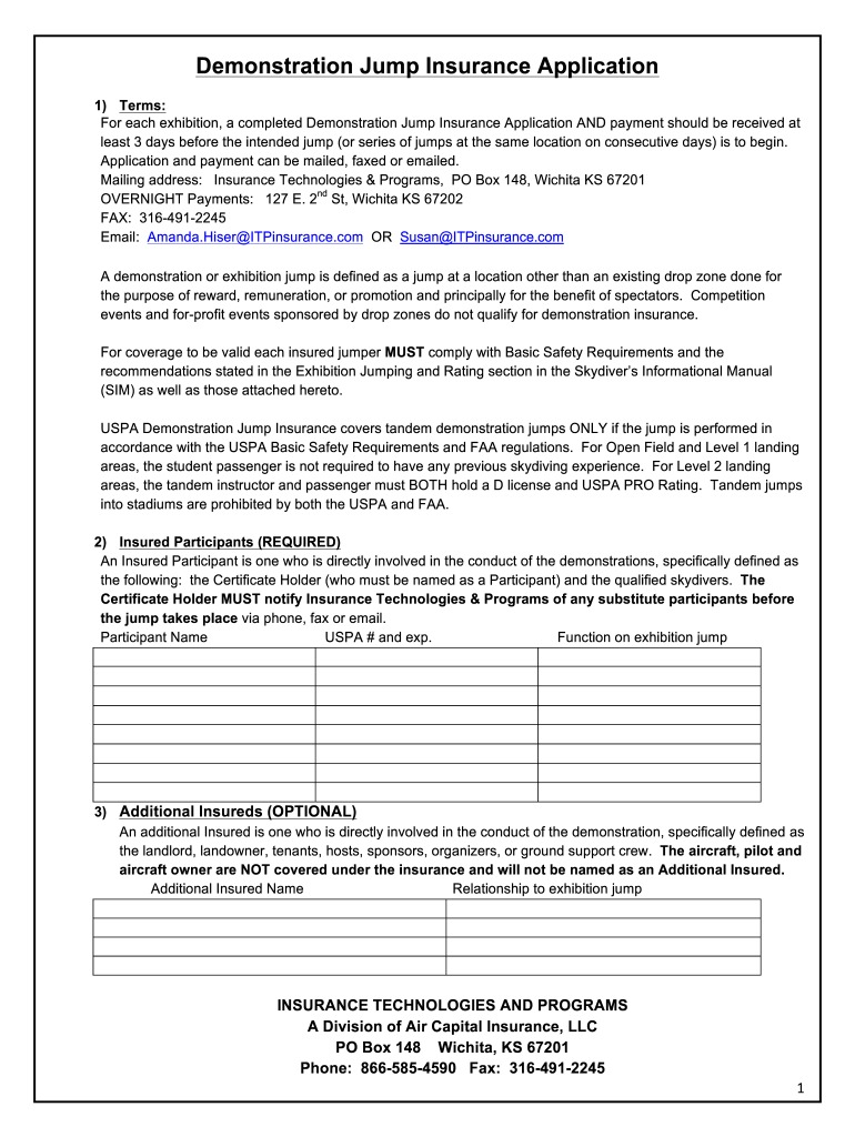 Demonstration Jump Insurance Application  Uspa  Form