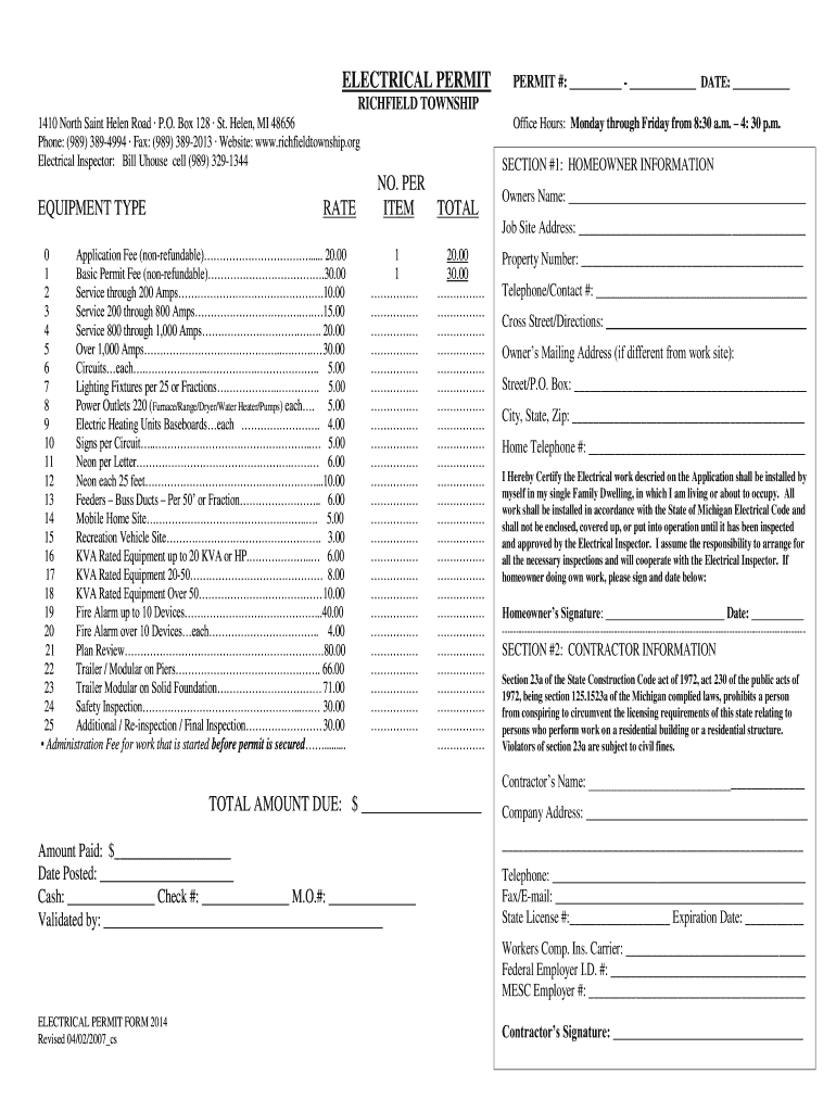 Electrical Permit Application  Richfield Township  Form