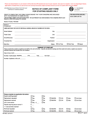 NOTICE of COMPLAINT FORM for STAFFING ISSUES ONLY Bcnu