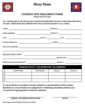 Consent for Treatment Dizzy Dean Baseball, Inc Dizzydeanbbinc  Form