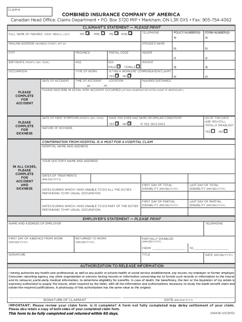  Combined Insurance Company of America Instructions for Filing 2013-2024