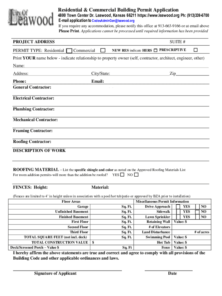 Residential &amp; Commercial Building Permit Application City of  Form