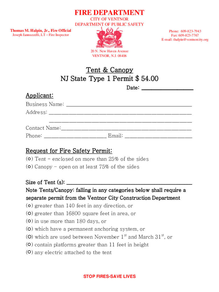 TENT CANOPY PERMIT APPLICATION Fillable PDF Ventnor City  Form