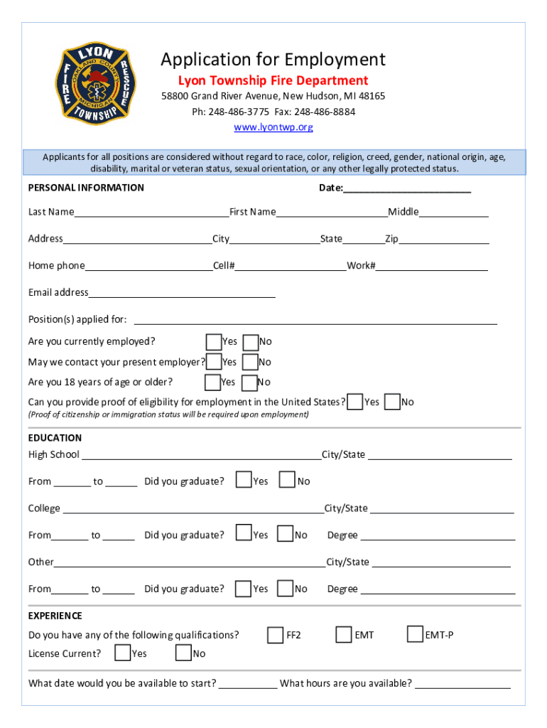 Application for Employment Lyon Township Fire Department  Form