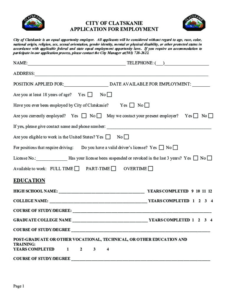 CITY of CLATSKANIE APPLICATION for EMPLOYMENT  Form