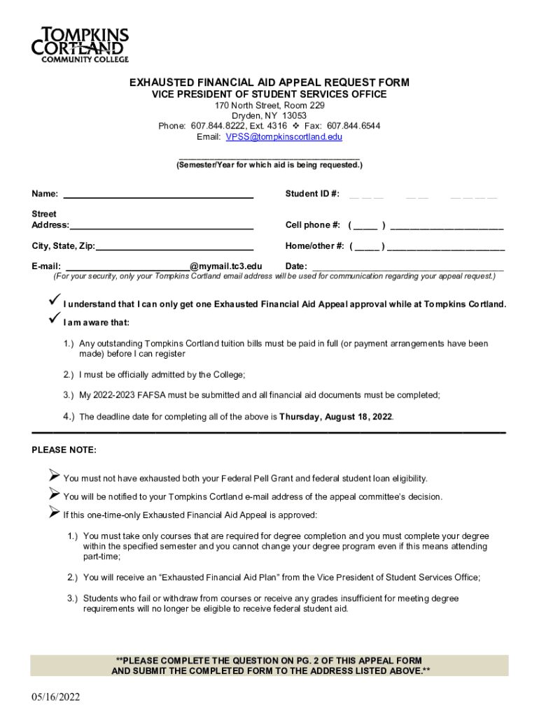 EXHAUSTED FINANCIAL AID APPEAL REQUEST FORM VICE