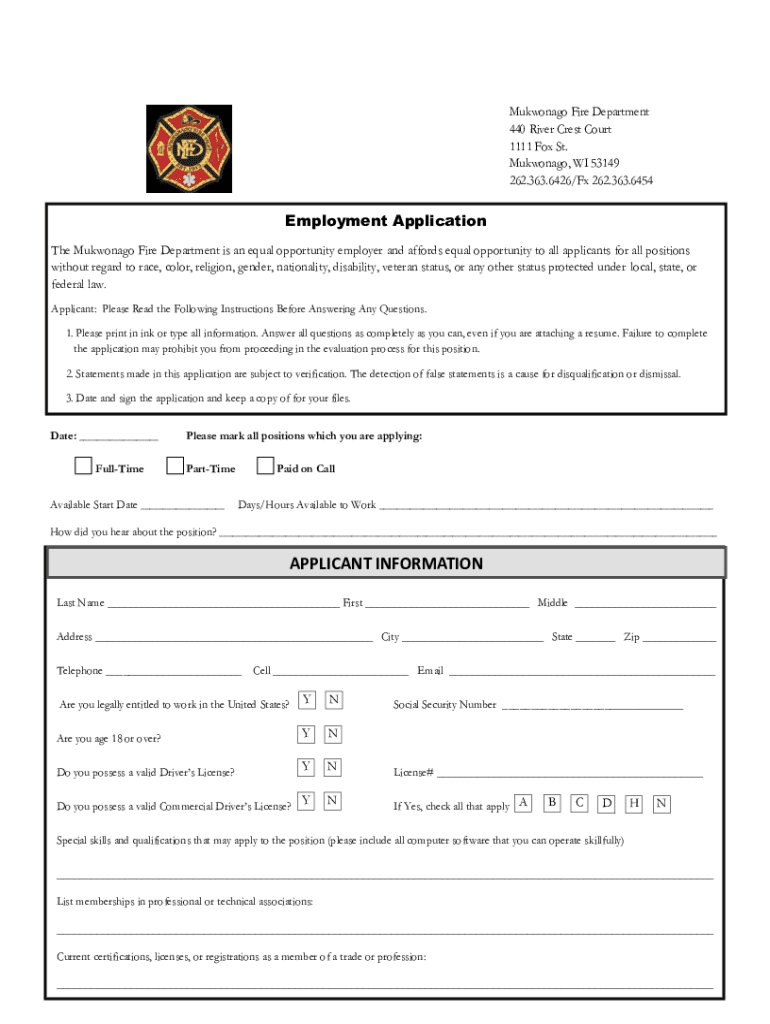 Employment Application Mukwonago Fire Department  Form