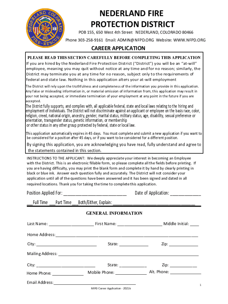 Nederland Fire Protection District  Form