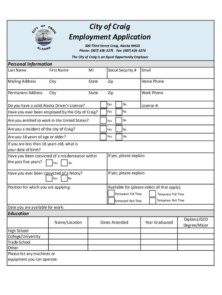 Www Craigak Com Sites DefaultCity of Craig Employment Application  Form