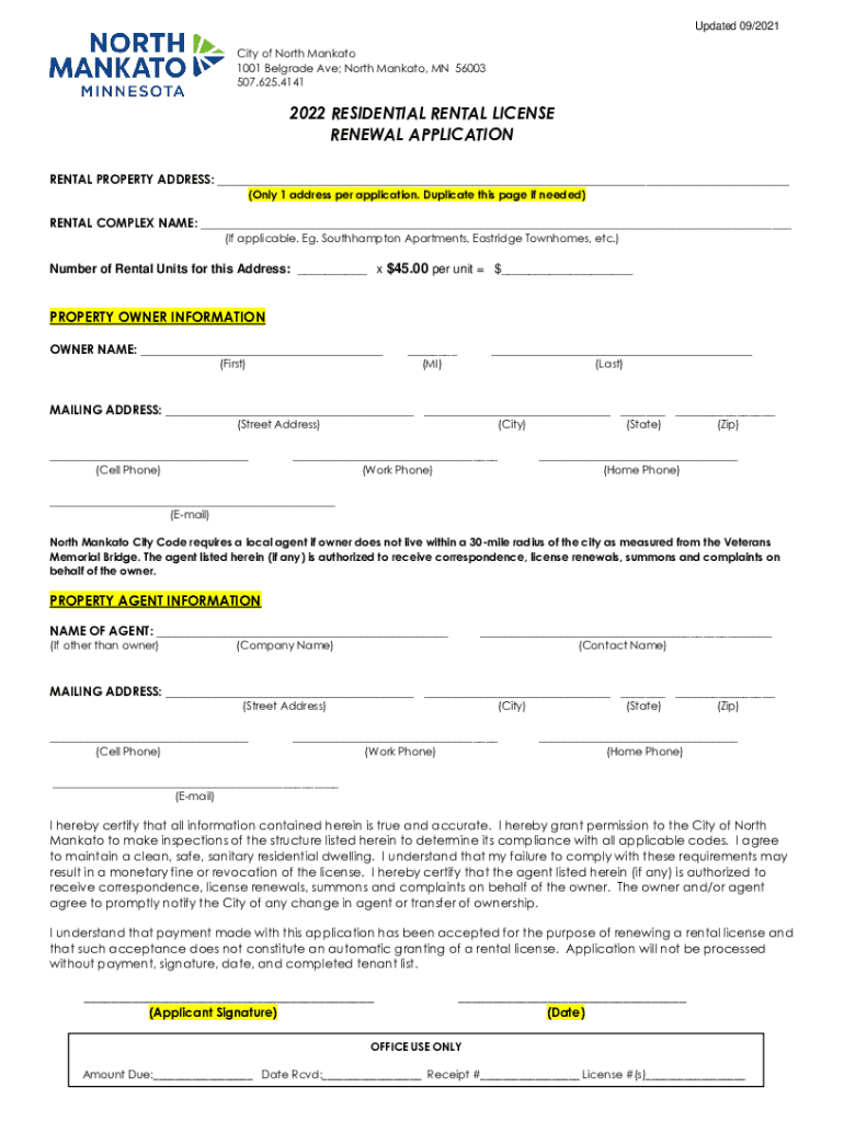 Www Northmankato Comsitesdefault2022 RESIDENTIAL RENTAL LICENSE RENEWAL APPLICATION  Form