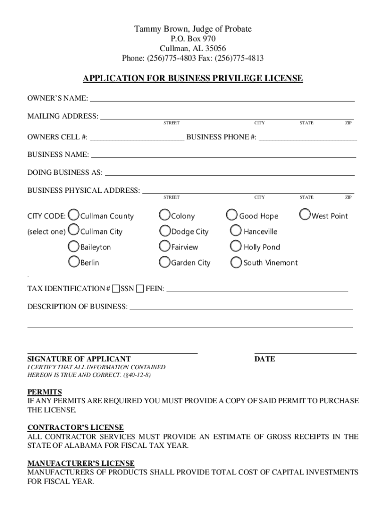 TAMMY BROWN, Judge of Probate PO Box 970 BUSINESS LICENSE  Form
