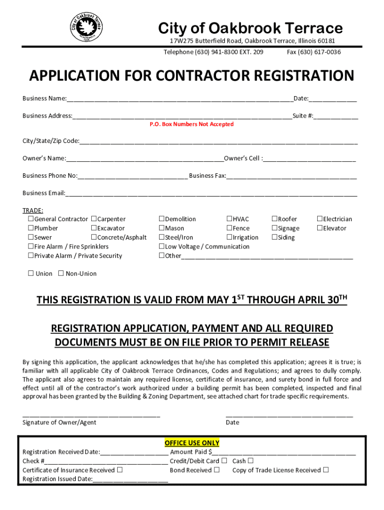 Www Oakbrookterrace Net Sites DefaultAPPLICATION for CONTRACTOR REGISTRATION  Form