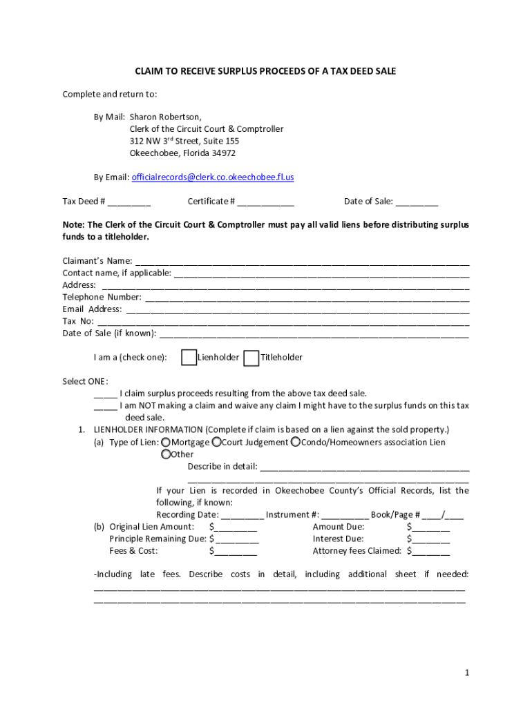 CLAIM to RECEIVE SURPLUS PROCEEDS of a TAX DEED  Form