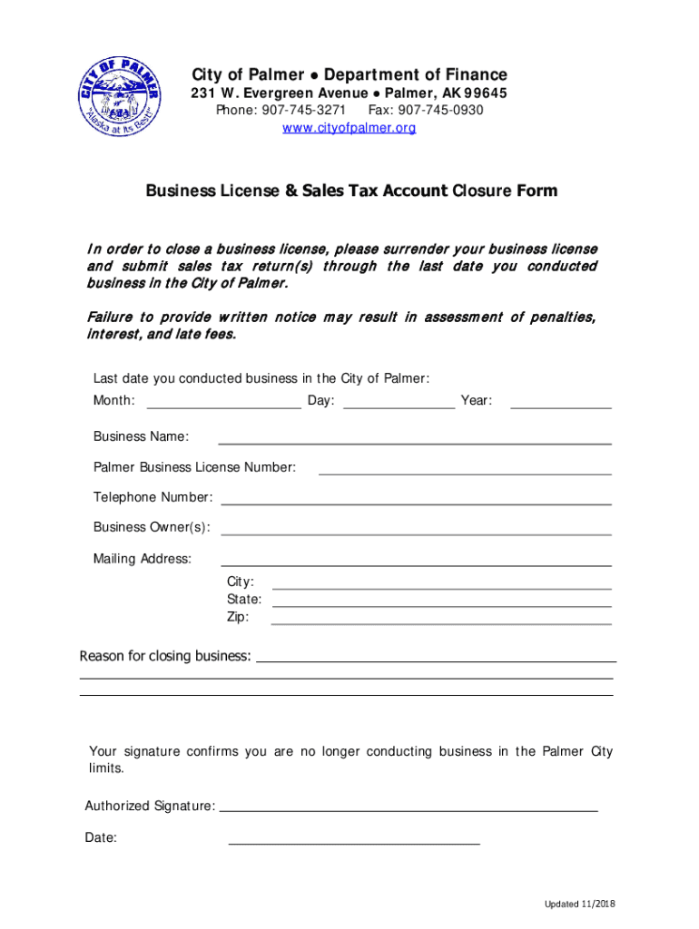 City of Palmer Department of Finance Business License  Form