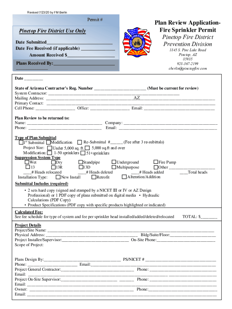 Plan Review Application Fire Sprinkler Permit Pinetop Fire District  Form