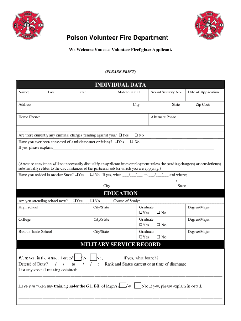 Www Cityofpolson ComsitesdefaultPolson Volunteer Fire Department  Form