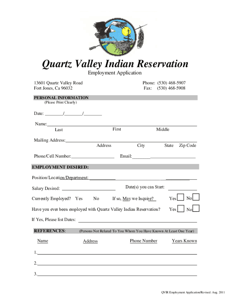 Quartz Valley Indian Reservation Jobs in Fort Jones, CA Form