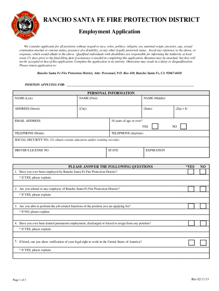 Application Packet Rancho Santa Fe Fire Protection District  Form
