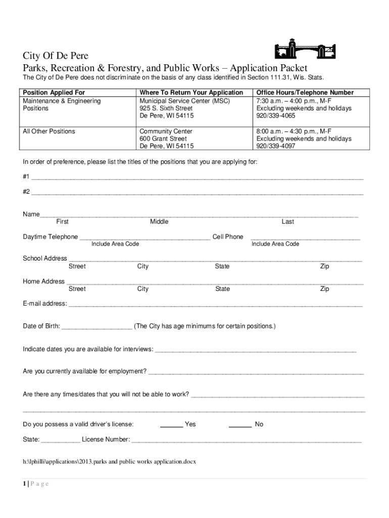 City of De Pere Part Time Employment Opportunities  Form