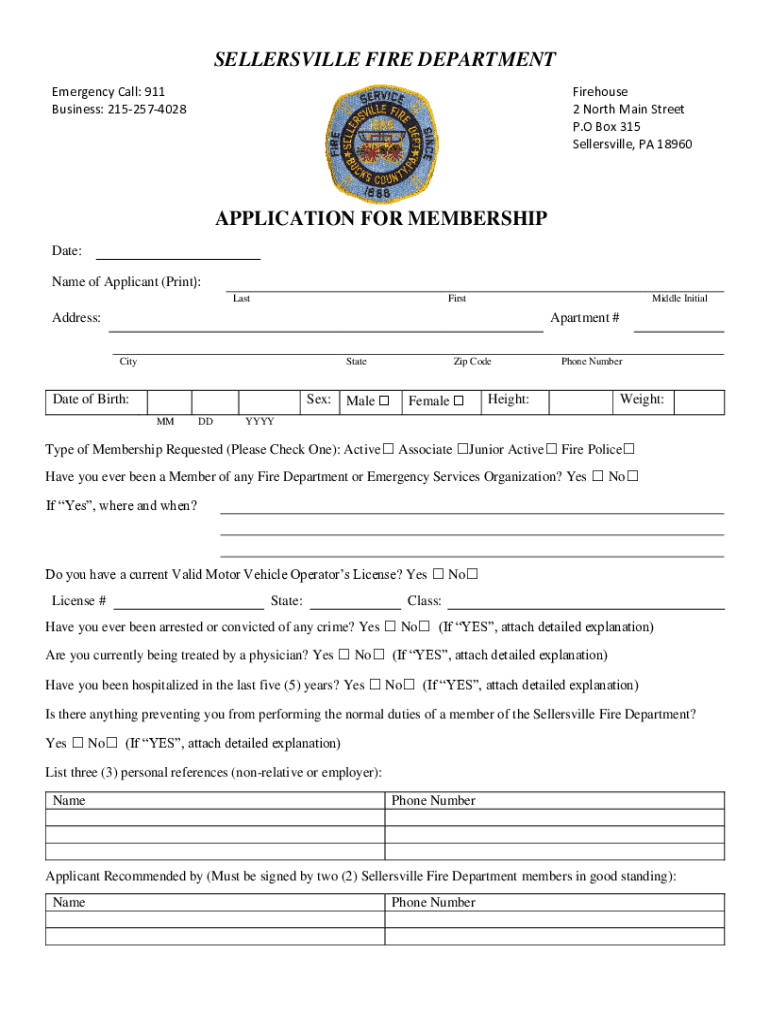 SELLERSVILLE FIRE DEPARTMENT APPLICATION for  Form