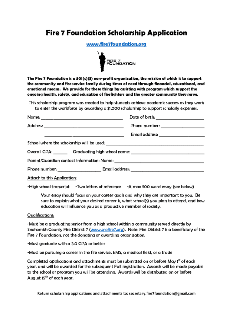 Fire 7 Foundation Scholarship Application Lake Stevens School  Form