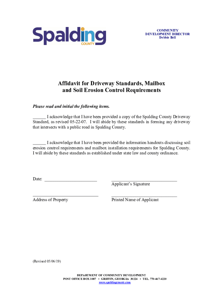 Driveway Standards Affidavit Revised 04 04 19 Spalding County  Form