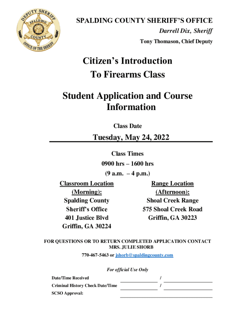 Citizen&#039;s Introduction to Firearms Class Student Application  Form