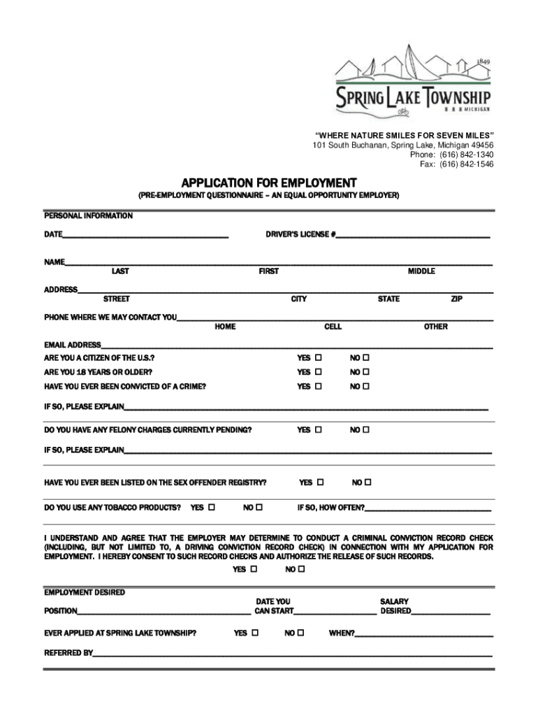 Www Springlakevillage Org Wp Content UploadsEmployment Opportunity Spring Lake Public Works Department  Form