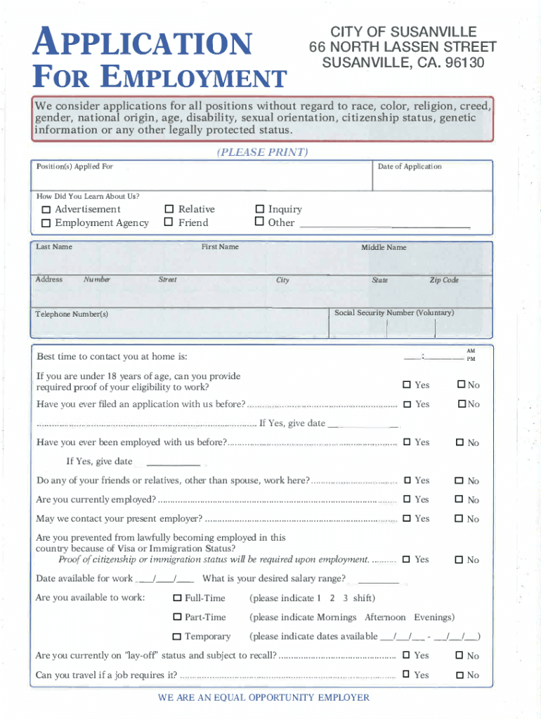 Www Cityofsusanville Netcity Employment ApplicationCity Employment Application City of Susanville  Form