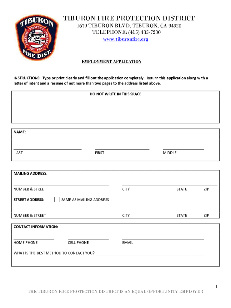 Contact Us Tiburon Fire Protection District  Form