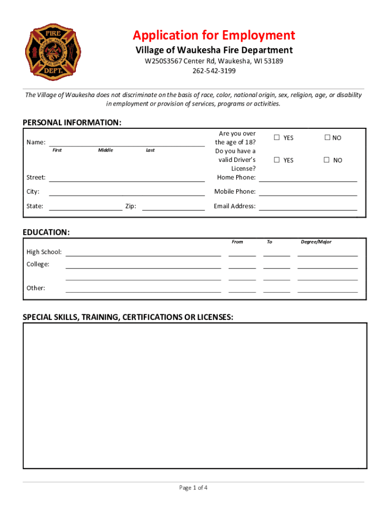 Town of Waukesha Fire Department, Waukesha, WI W250s3567  Form