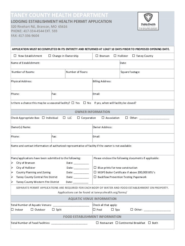 Lodging Permit Application Taney County Health Department  Form