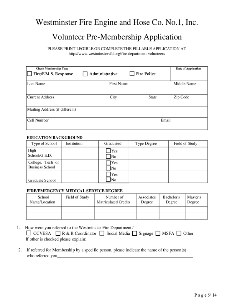 Pre Membership Application Westminster Volunteer Fire Department  Form