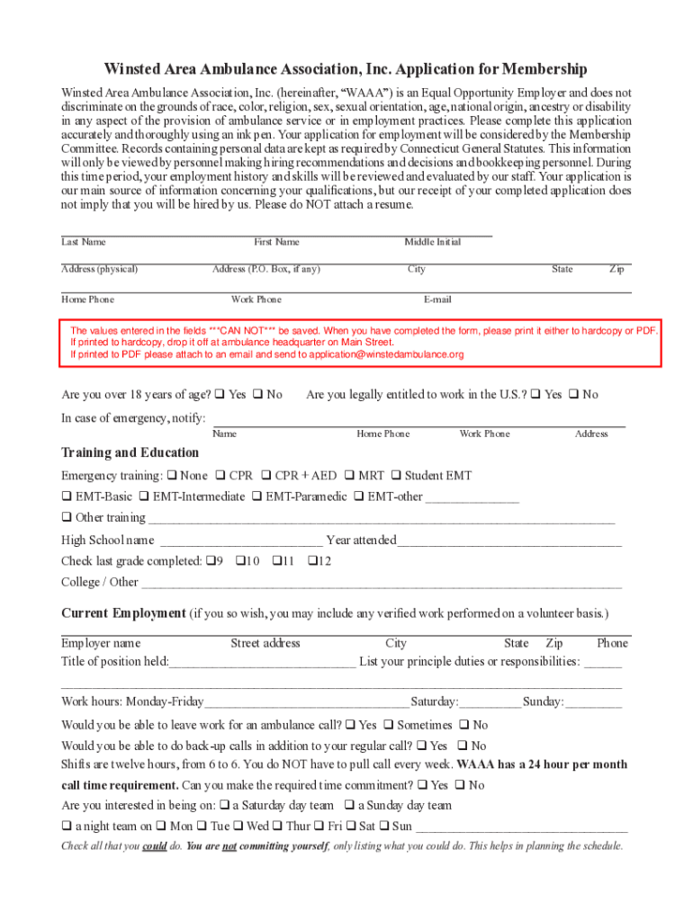 Www Winstedambulance Org Docspublic WaaamemberWinsted Area Ambulance Association, Inc Application for  Form