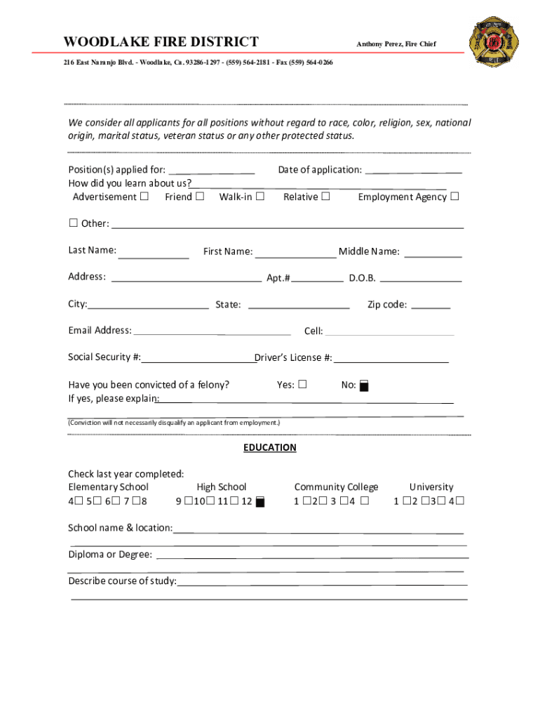 Volunteer Firefighter Application PDF Woodlake Fire Protection District  Form