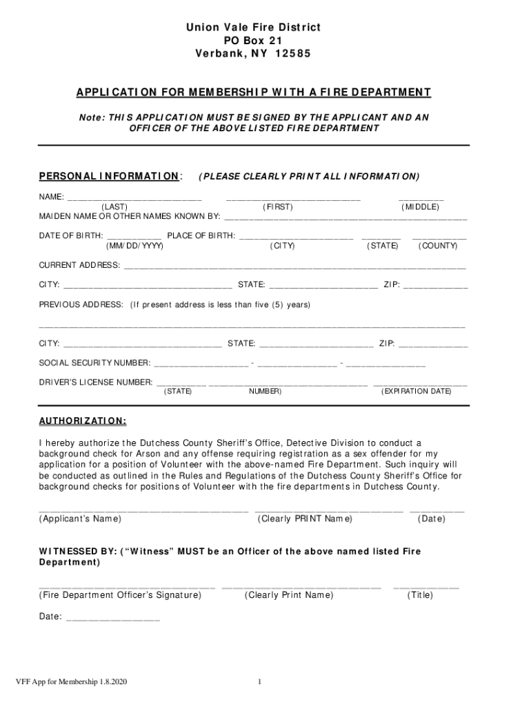 Union Vale Fire District Membership Application Packet  Form