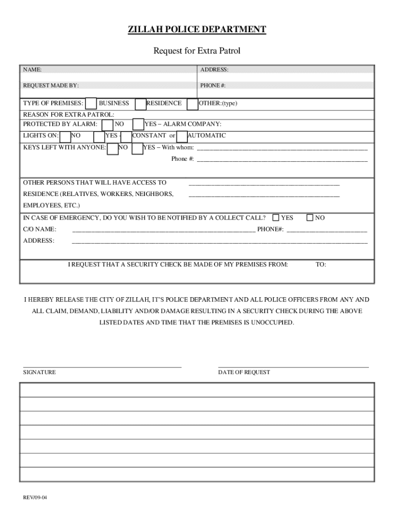 Extra Patrol Request Form PDF City of Zillah