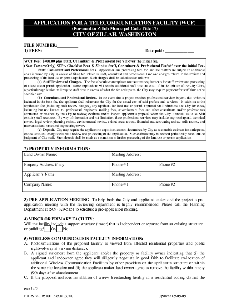 Application for a Telecommunication Facility Wcf City of Zillah  Form