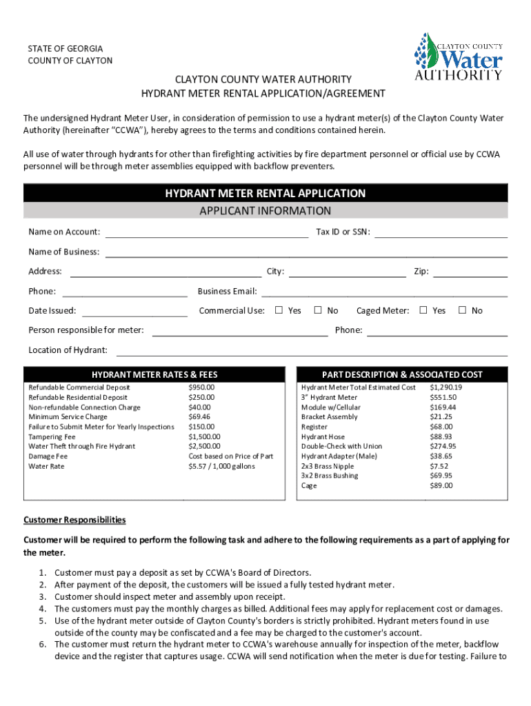 HYDRANT METER AGREEMENT Serviceauthority Org  Form