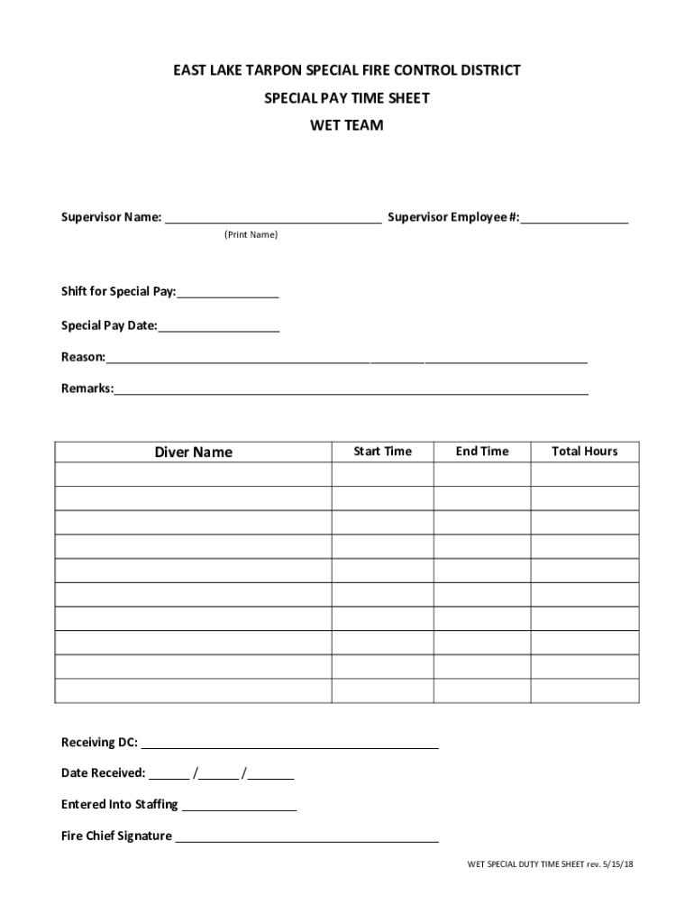 EAST LAKE TARPON SPECIAL FIRE CONTROL DISTRICT SPECIAL PAY  Form