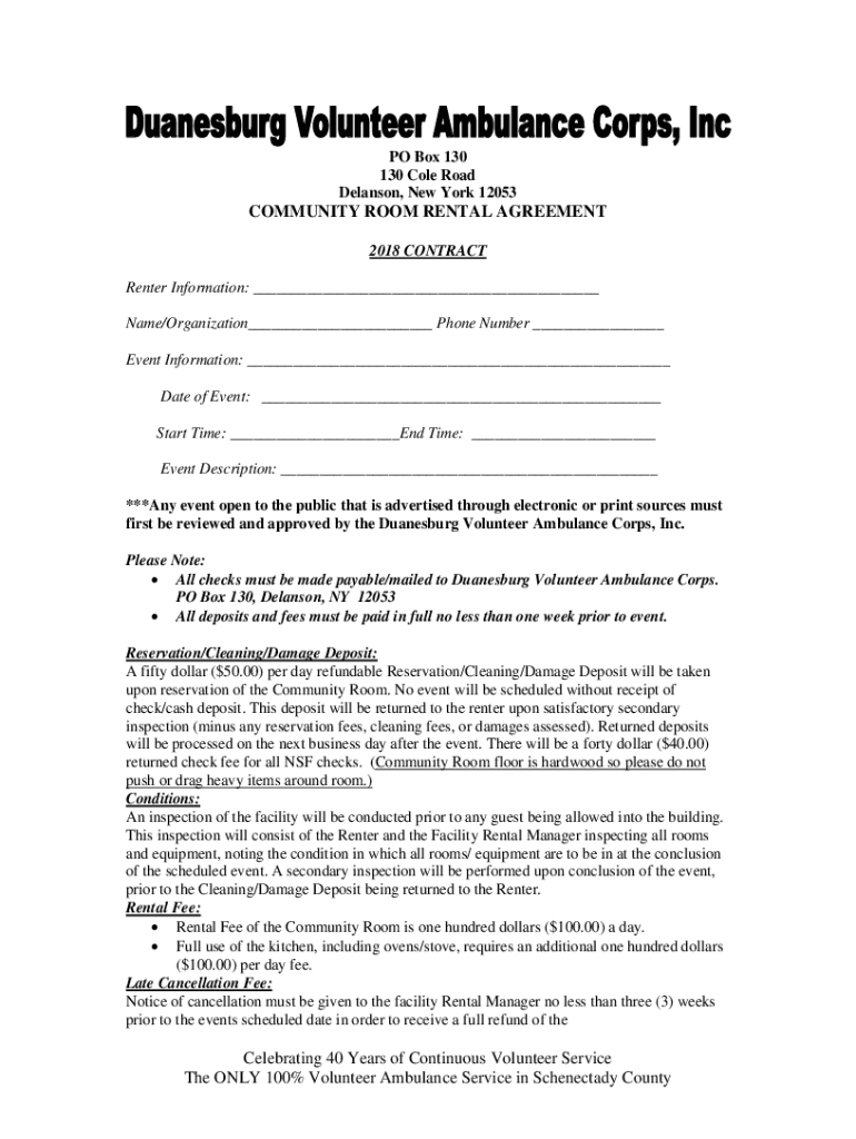 Community Room Rental Agreement Duanesburg Volunteer  Form