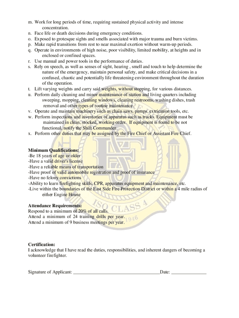 East Side Firefighters Association Job Description for Volunteer  Form